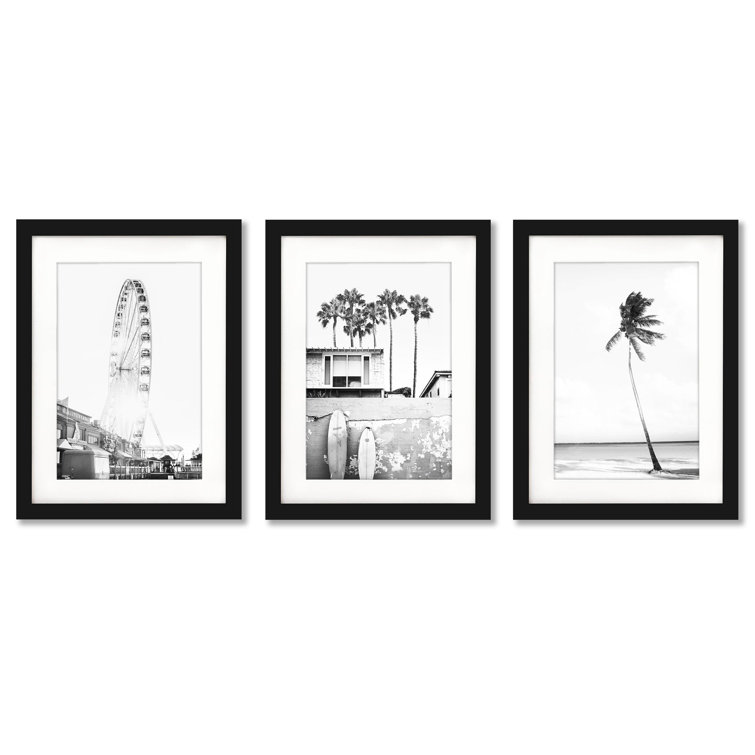 Rosecliff Heights Black And White Beach Framed On Wood 3 Pieces Print